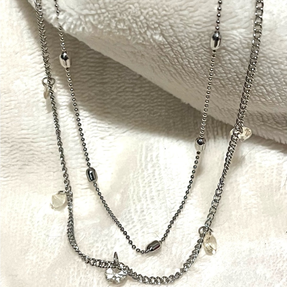Silver Double Strand Necklace with Crystal Accents